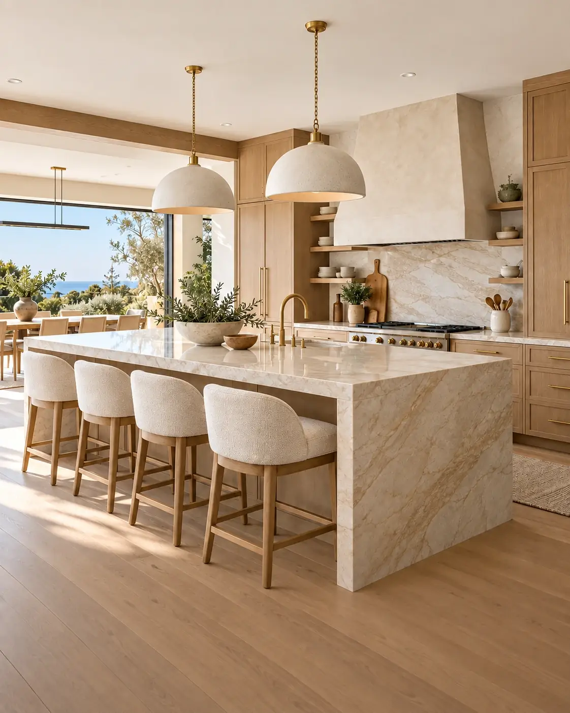Illustrative sunlit kitchen with a marble island, oak cabinetry and cream counter stools